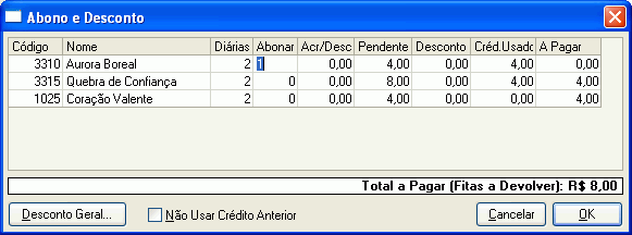 Tela de abonamento e desconto